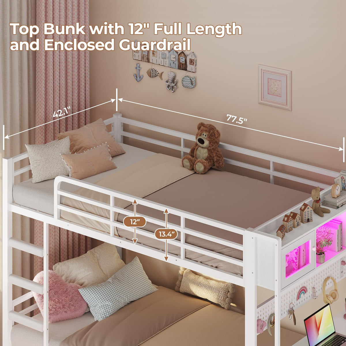 Twin Over Twin Bunk Bed with Desk & LED Light I816