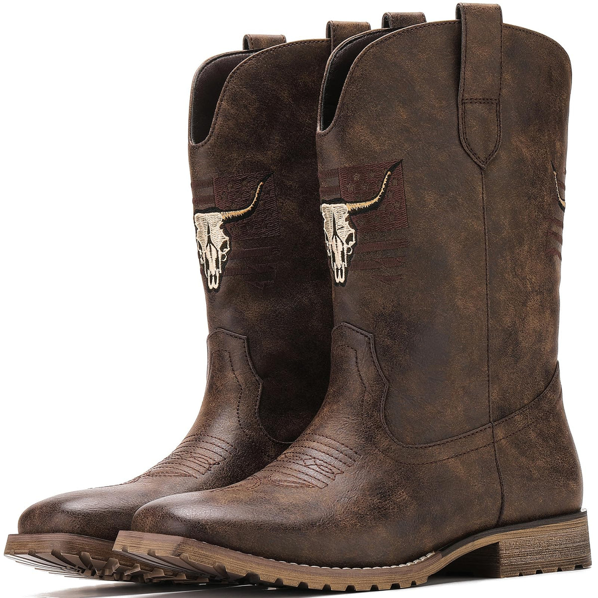Vintage Distressed Brown Square Toe Mid-Calf Cowboy Boots Y82249