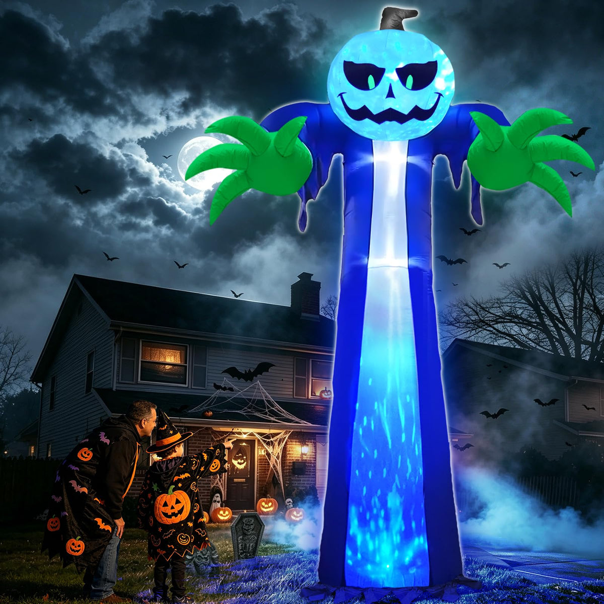 14 Ft Inflatable Pumpkin Ghost Decoration with Rotating LED Light E5258
