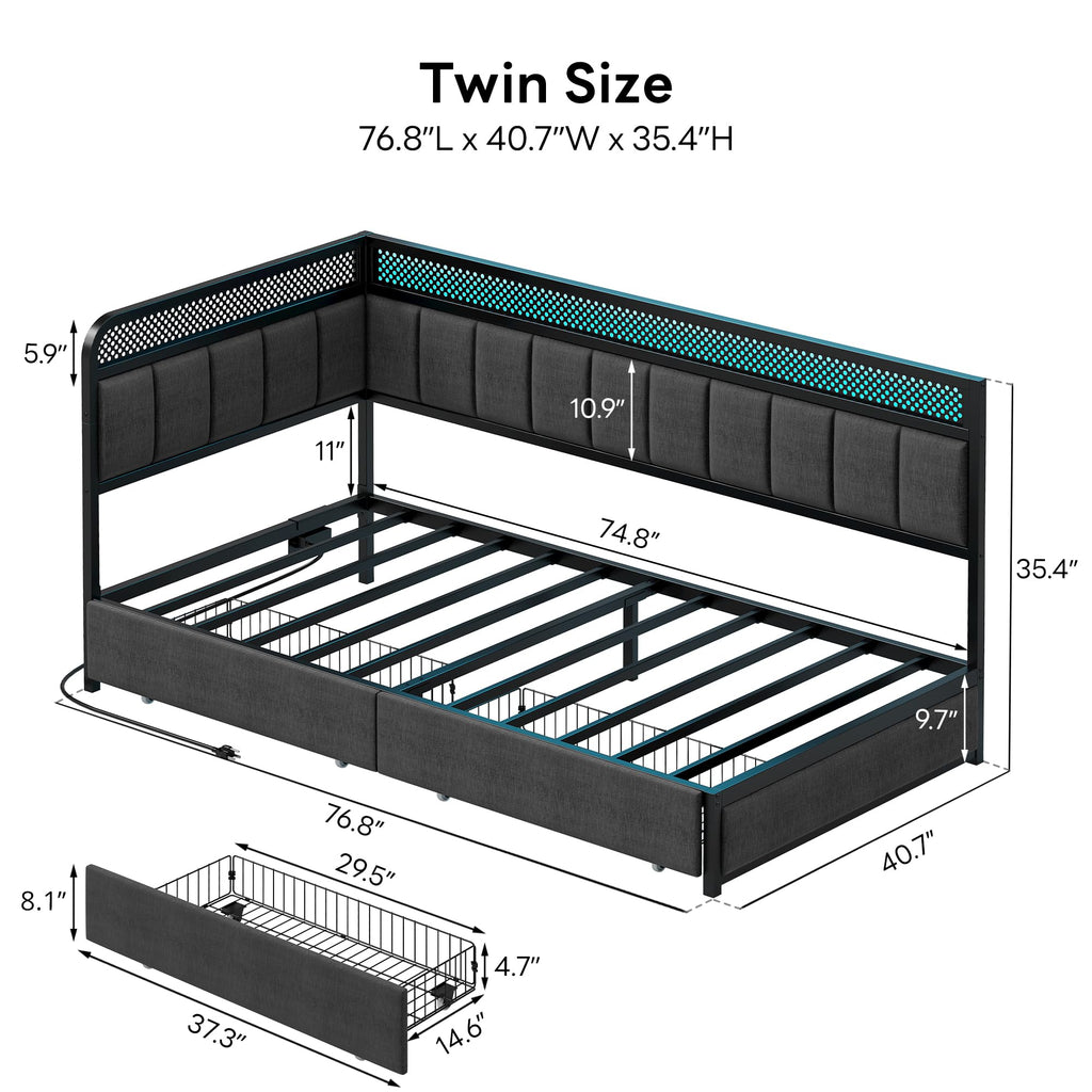 Twin Corner Bed Frame with Upholstered Guardrail S5067