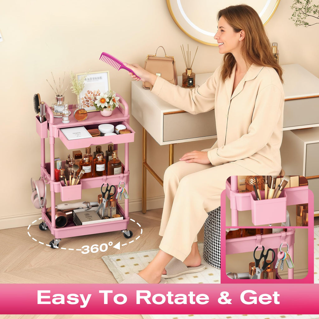 Pink 3 Tier Rolling Makeup Organizer Cart Q270141