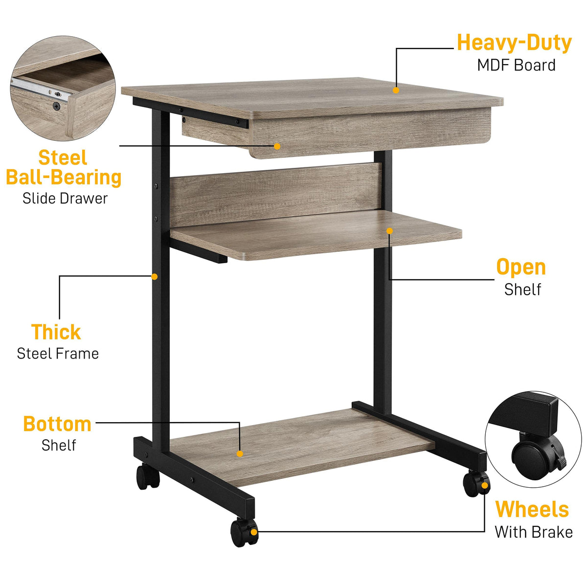 Gray 3-Tier Rolling Cart with Drawer O9923