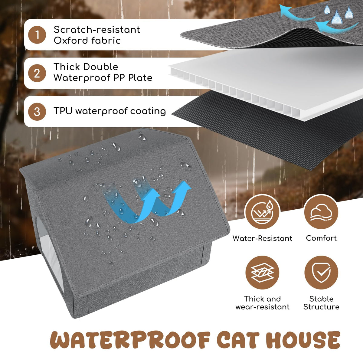 Weatherproof Insulated Outdoor Cat House with Door Curtain and Warm Cushion T823424