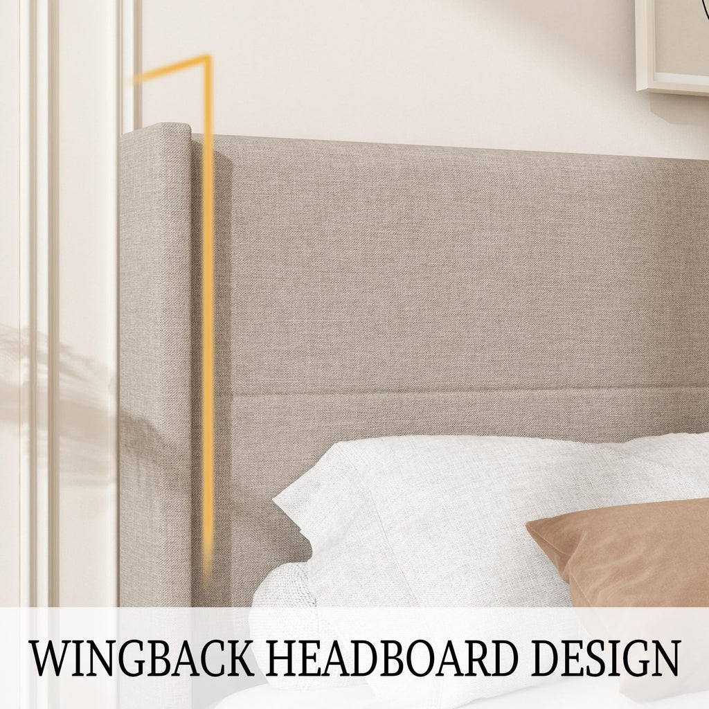 Queen Size Linen Platform Bed Frame with Wingback Headboard G1143