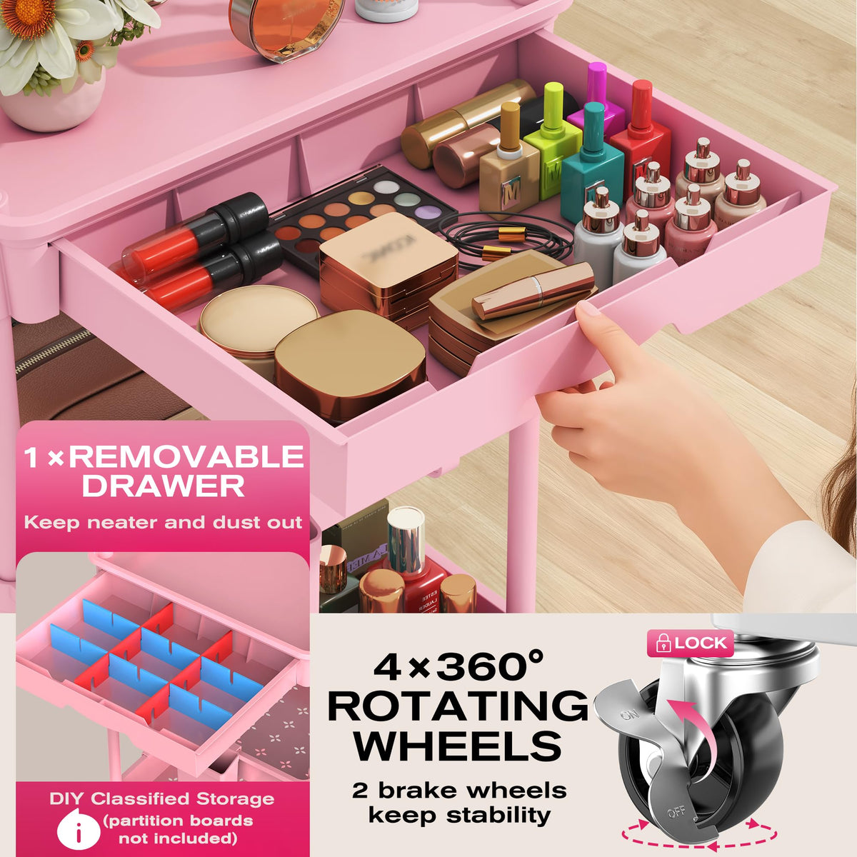 Pink 3 Tier Rolling Makeup Organizer Cart Q270141