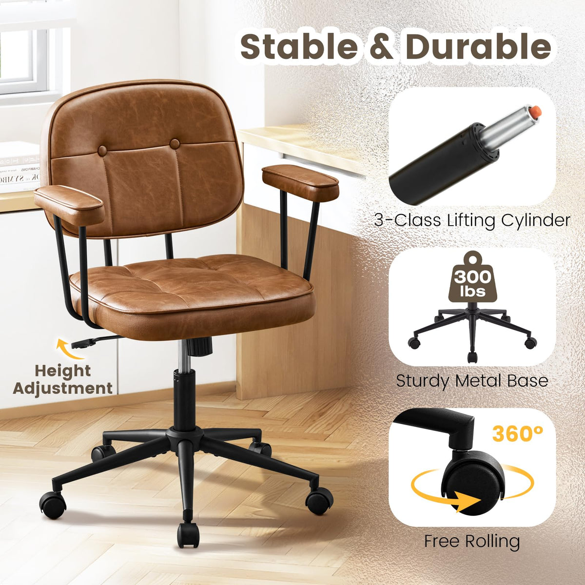 Brown Leather Office Chair with Wheels K2812
