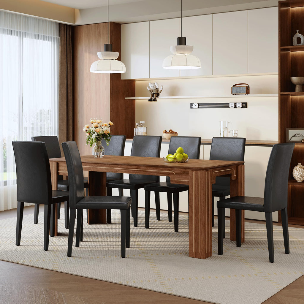 9 Piece Walnut Wood Grain Dining Table Set with 8 Black Chairs T98986