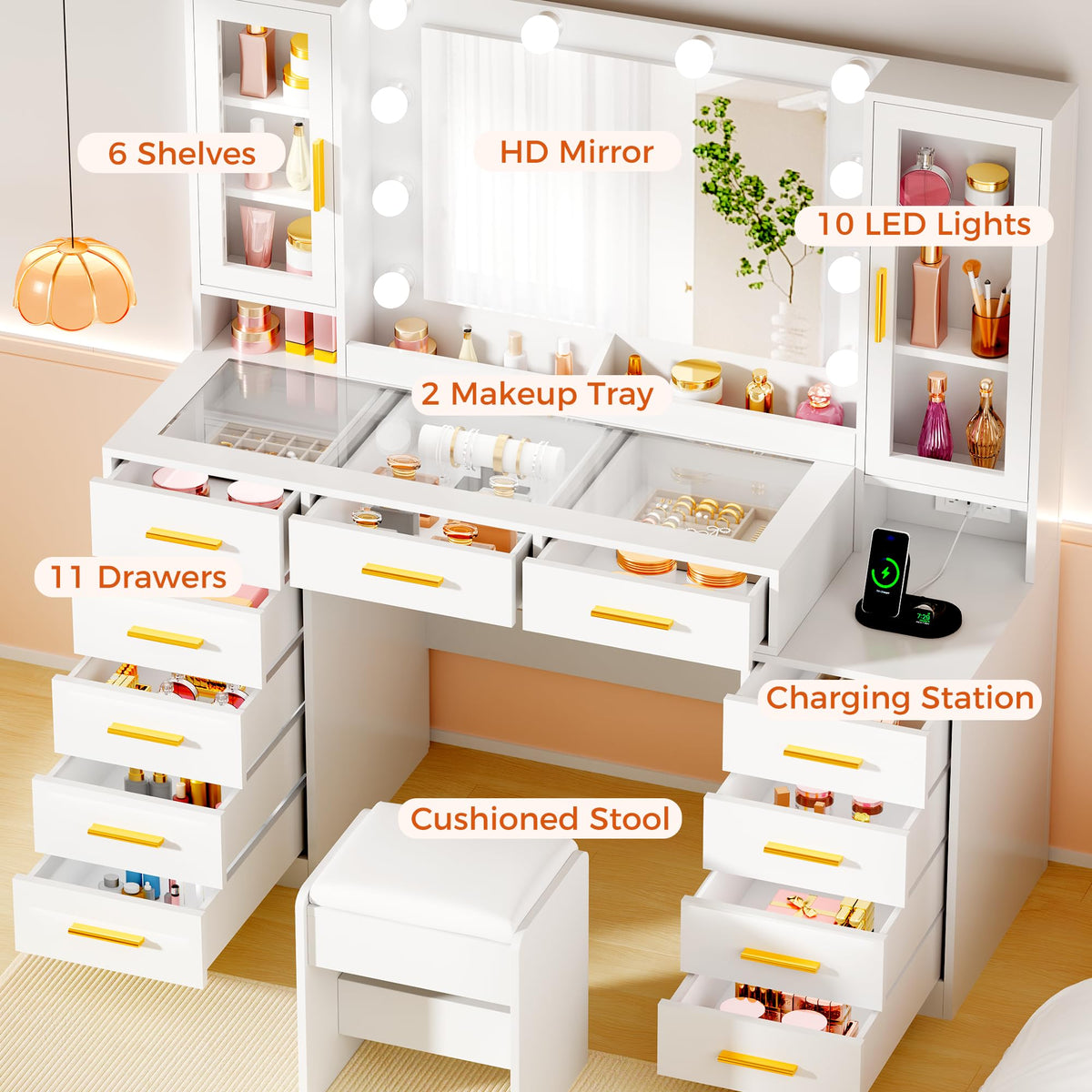 White Glass Top Vanity Desk with Mirror and Lights J5994