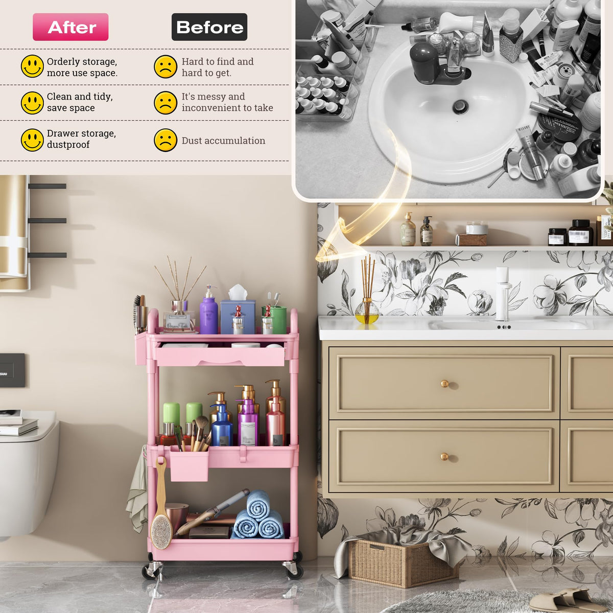 Pink 3 Tier Rolling Makeup Organizer Cart Q270141