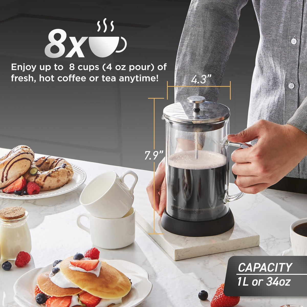 French Press Coffee Maker 1-Liter Glass Carafe D630