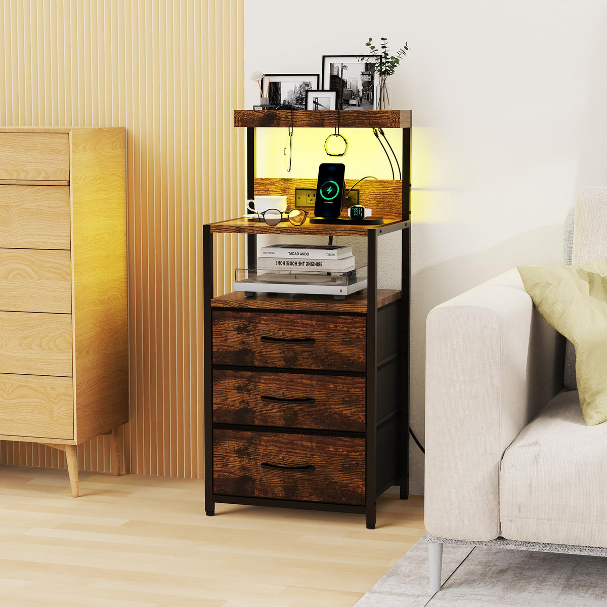 Nightstand with Charging Station, 3 Fabric Drawers H99459