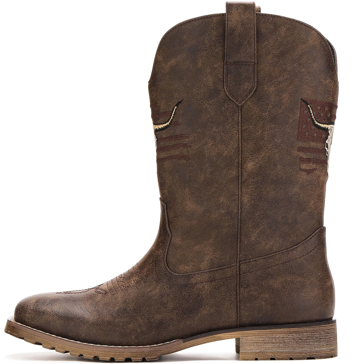 Vintage Distressed Brown Square Toe Mid-Calf Cowboy Boots Y82249