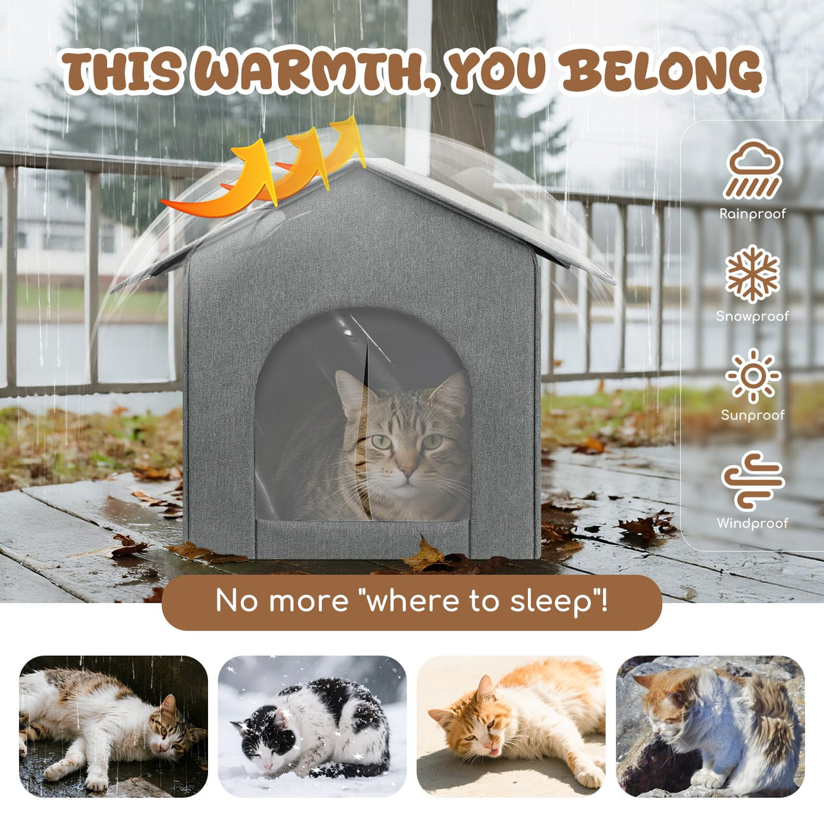 Weatherproof Insulated Outdoor Cat House with Door Curtain and Warm Cushion T823424