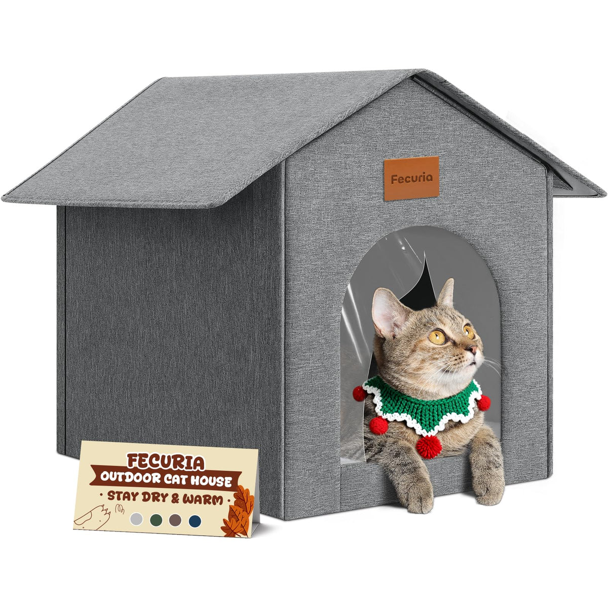 Weatherproof Insulated Outdoor Cat House with Door Curtain and Warm Cushion T823424