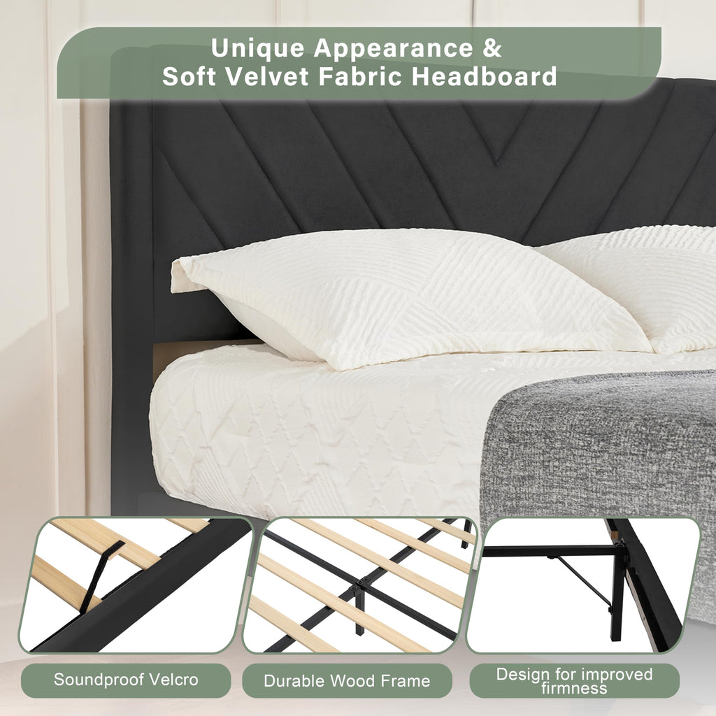 Queen Size Velvet Platform Bed Frame with Headboard L359689