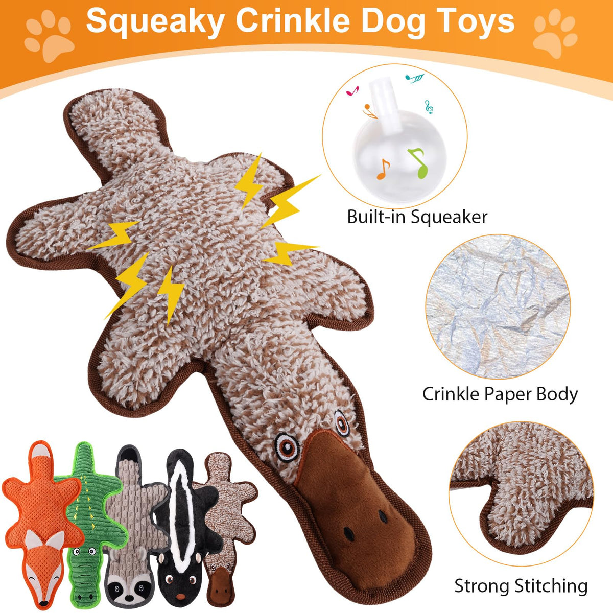 5 Pack Squeaky Plush Dog Toys with Crinkle Paper C673124