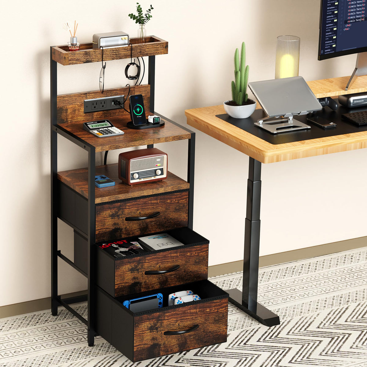Nightstand with Charging Station, 3 Fabric Drawers H99459