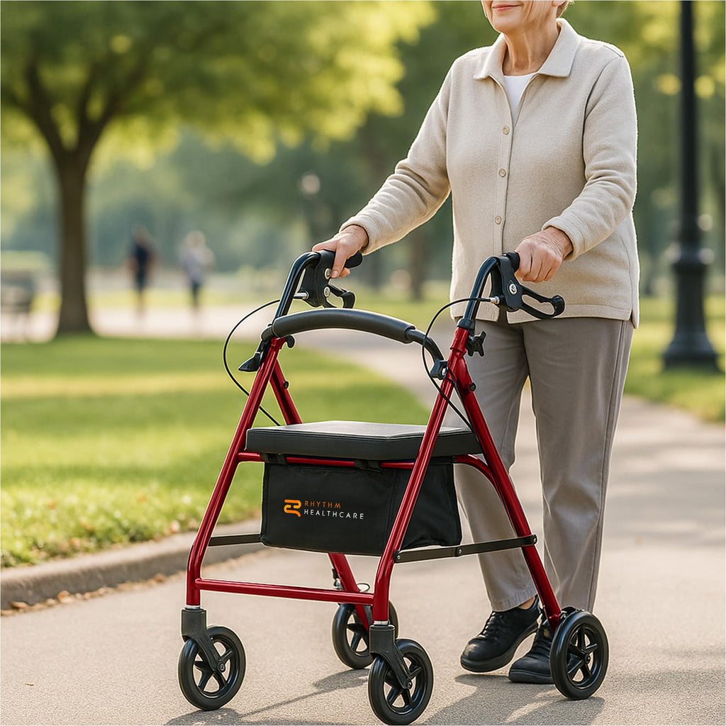 Red Aluminum 4 Wheel Rollator with Padded Seat A51846