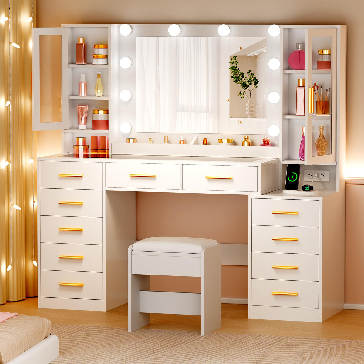 White Glass Top Vanity Desk with Mirror and Lights J5994