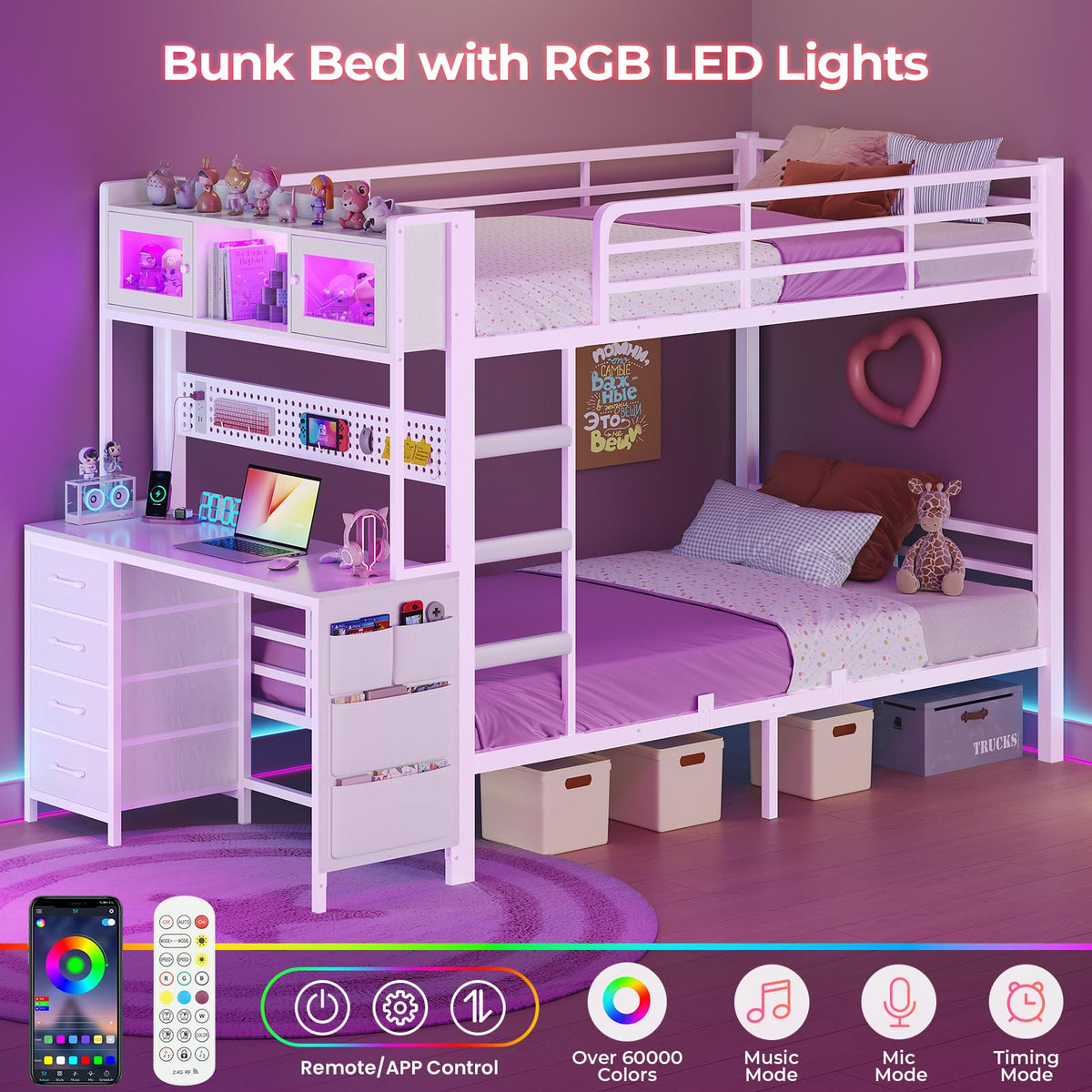 Twin Over Twin Bunk Bed with Desk & LED Light I816
