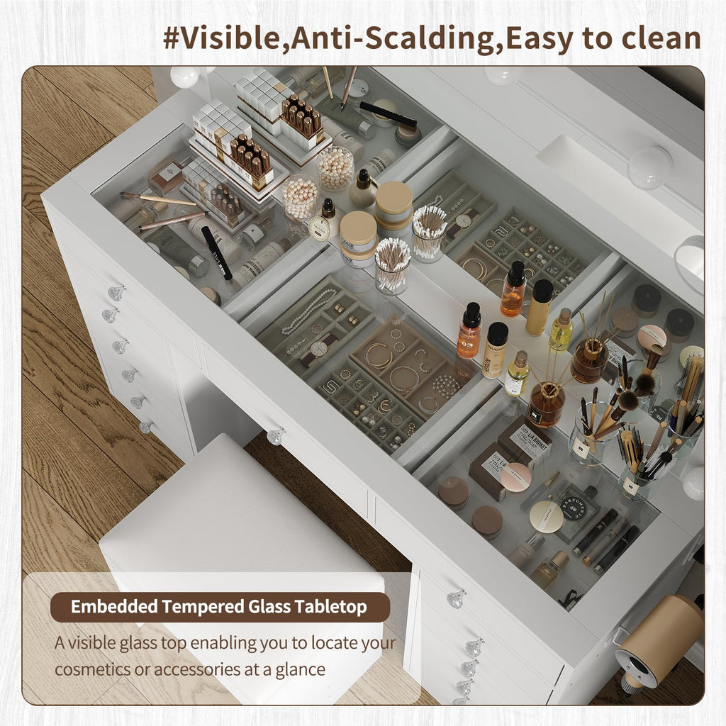 47" White Makeup Vanity with 13 Drawers and HD Mirror B4258