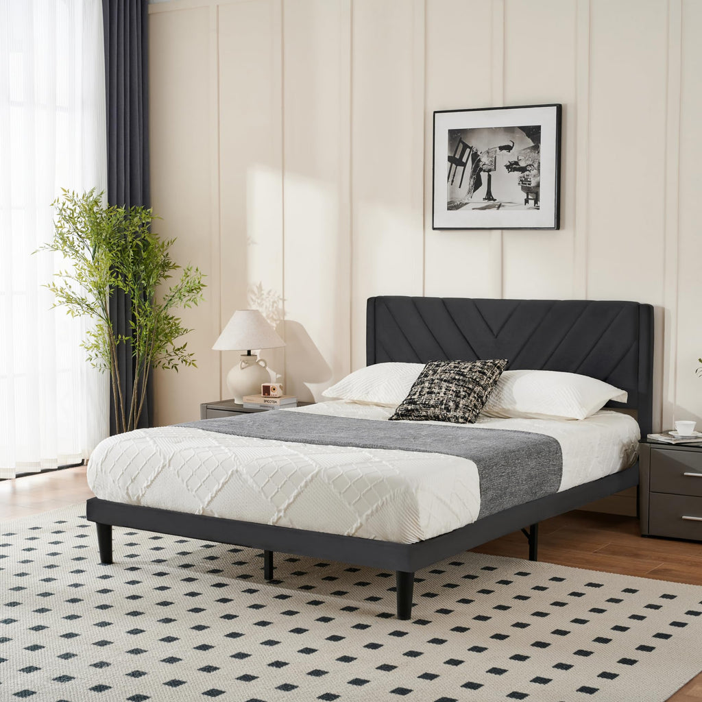 Queen Size Velvet Platform Bed Frame with Headboard L359689