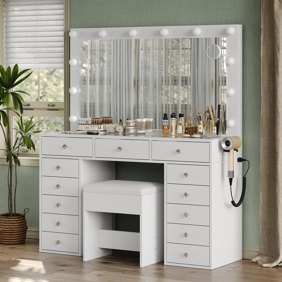 47" White Makeup Vanity with 13 Drawers and HD Mirror B4258