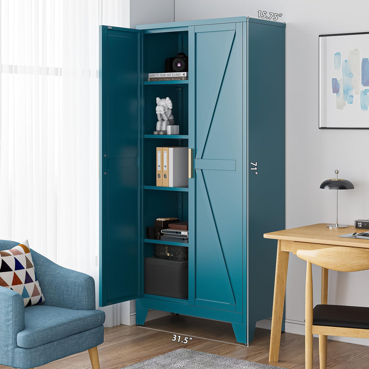 71'' Peacock Blue Metal Storage Cabinet with 4 Adjustable Shelves Y374755