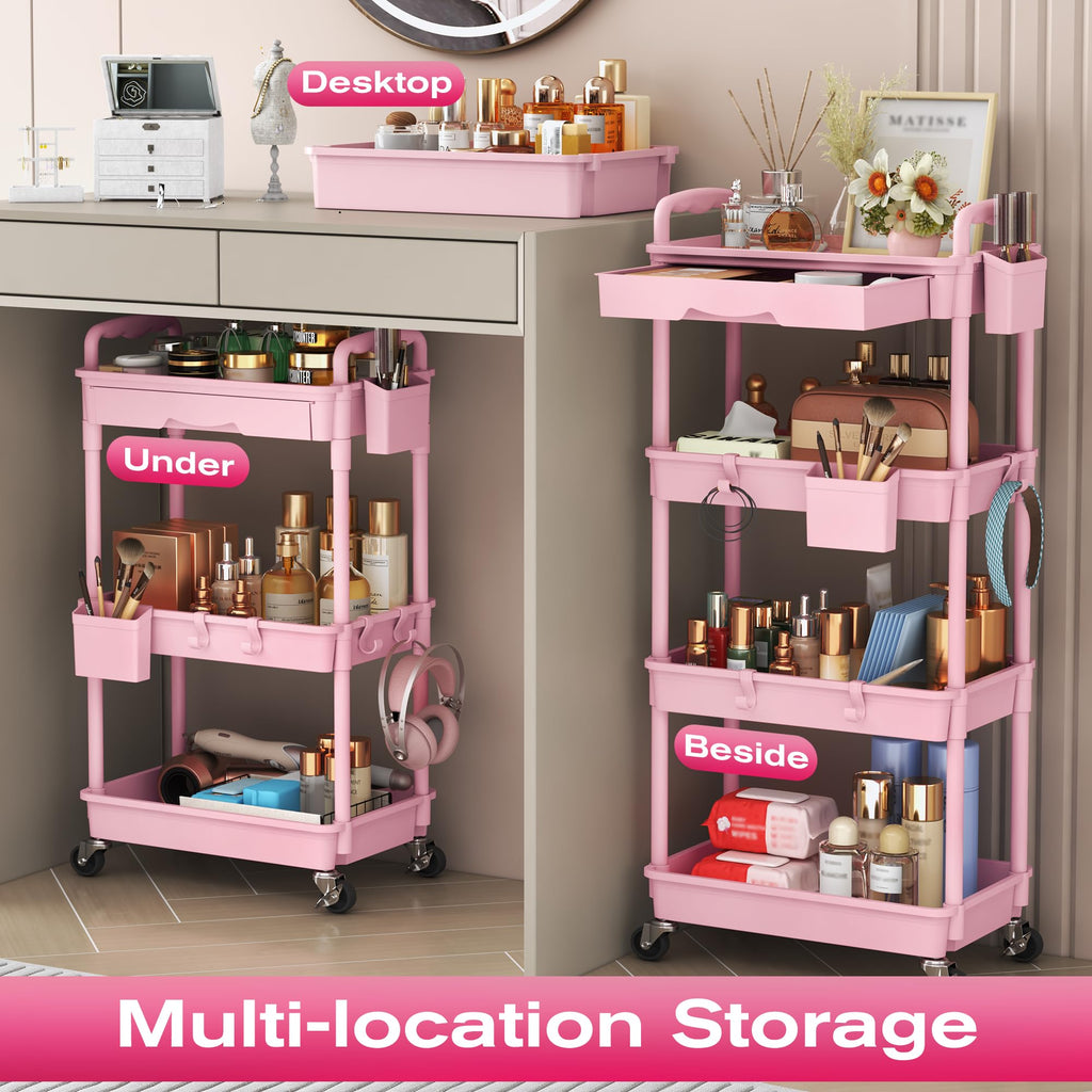 Pink 3 Tier Rolling Makeup Organizer Cart Q270141
