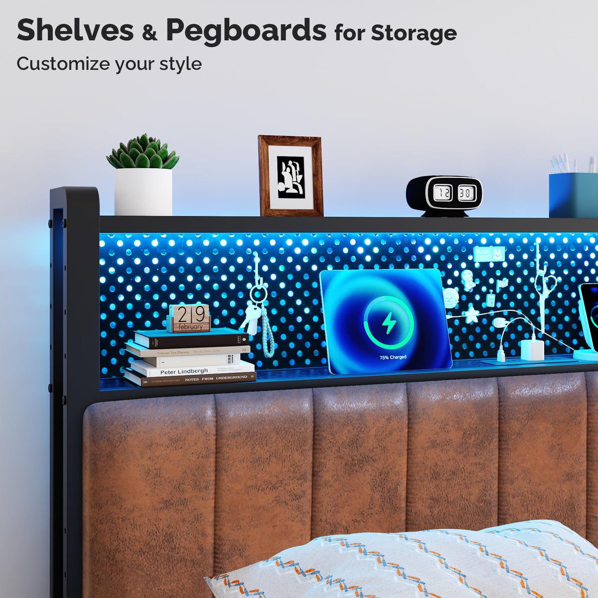 Full Size Faux PU Leather Upholstered Headboard with Charging Stations D777842