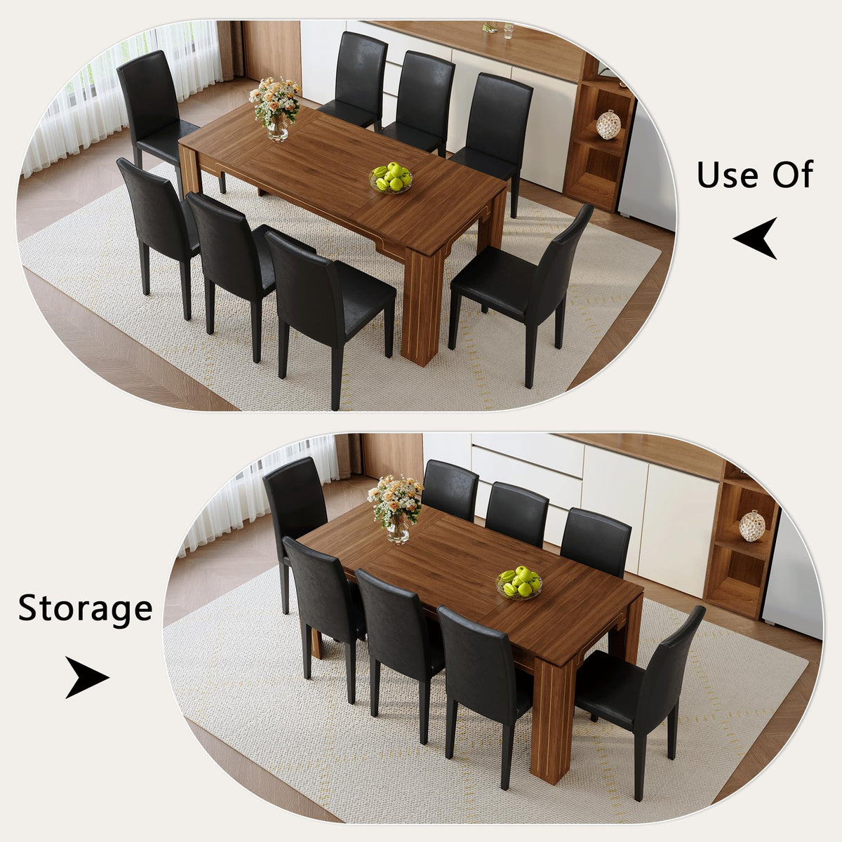 9 Piece Walnut Wood Grain Dining Table Set with 8 Black Chairs T98986