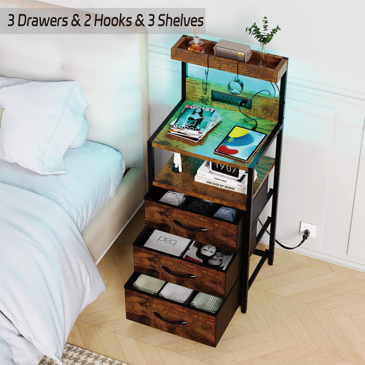 Nightstand with Charging Station, 3 Fabric Drawers H99459