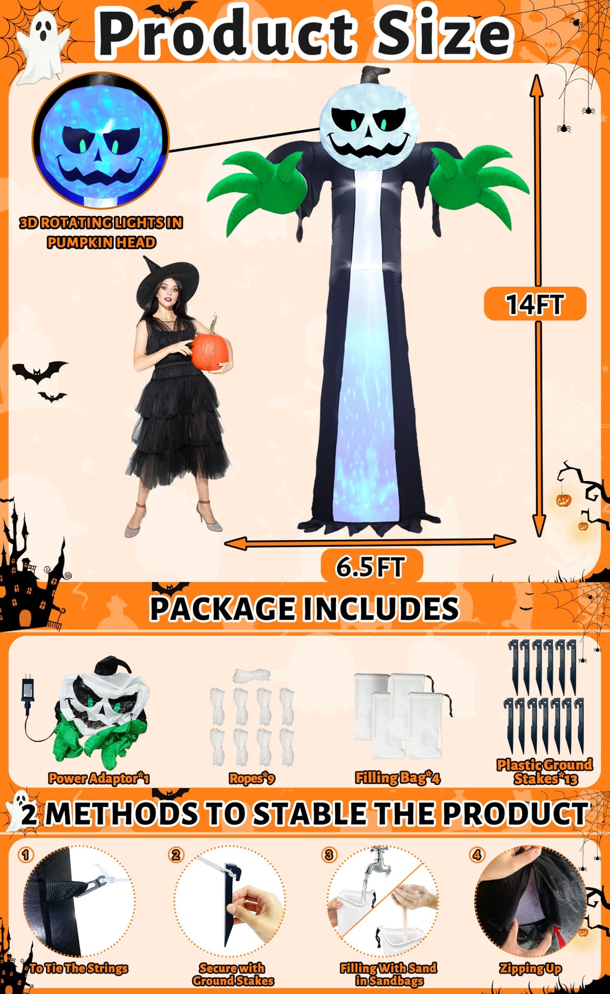 14 Ft Inflatable Pumpkin Ghost Decoration with Rotating LED Light E5258