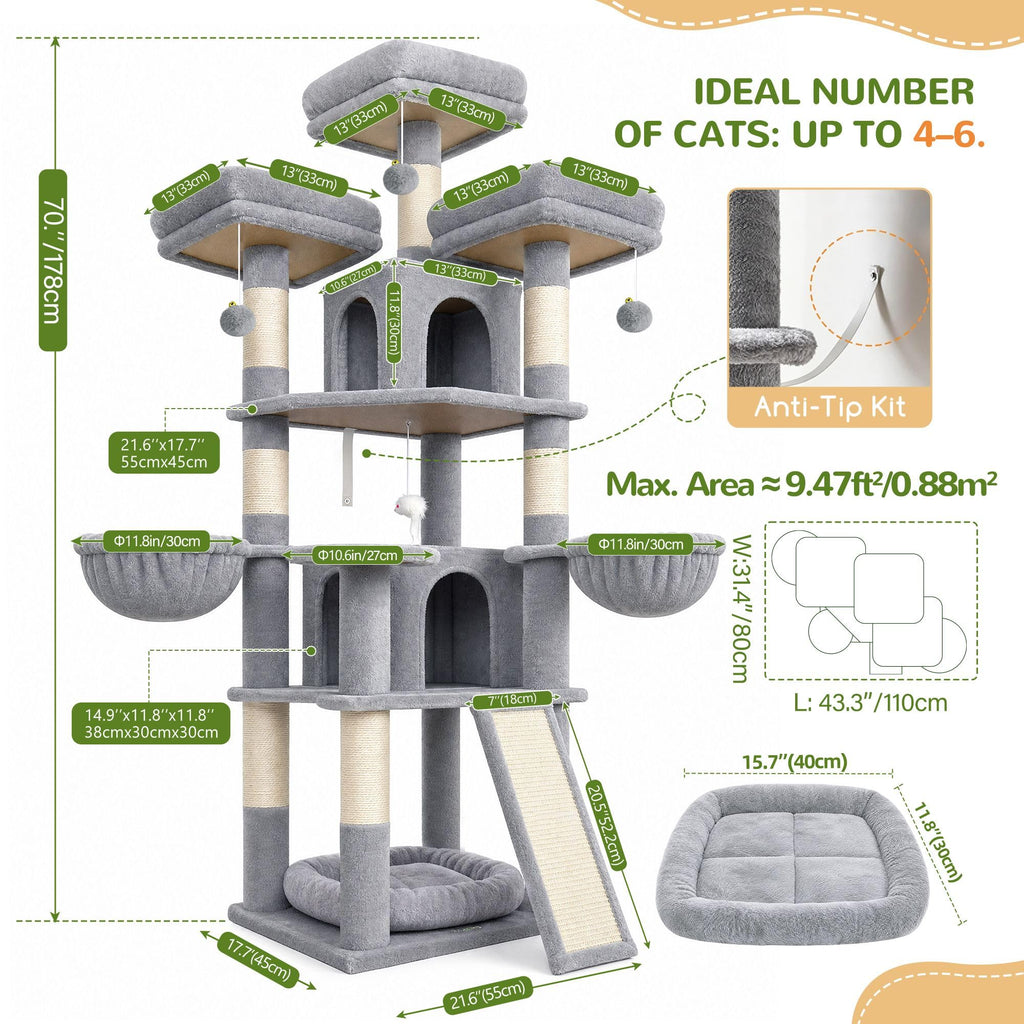 70 Inch Light Grey Cat Tree with Scratching Post B805