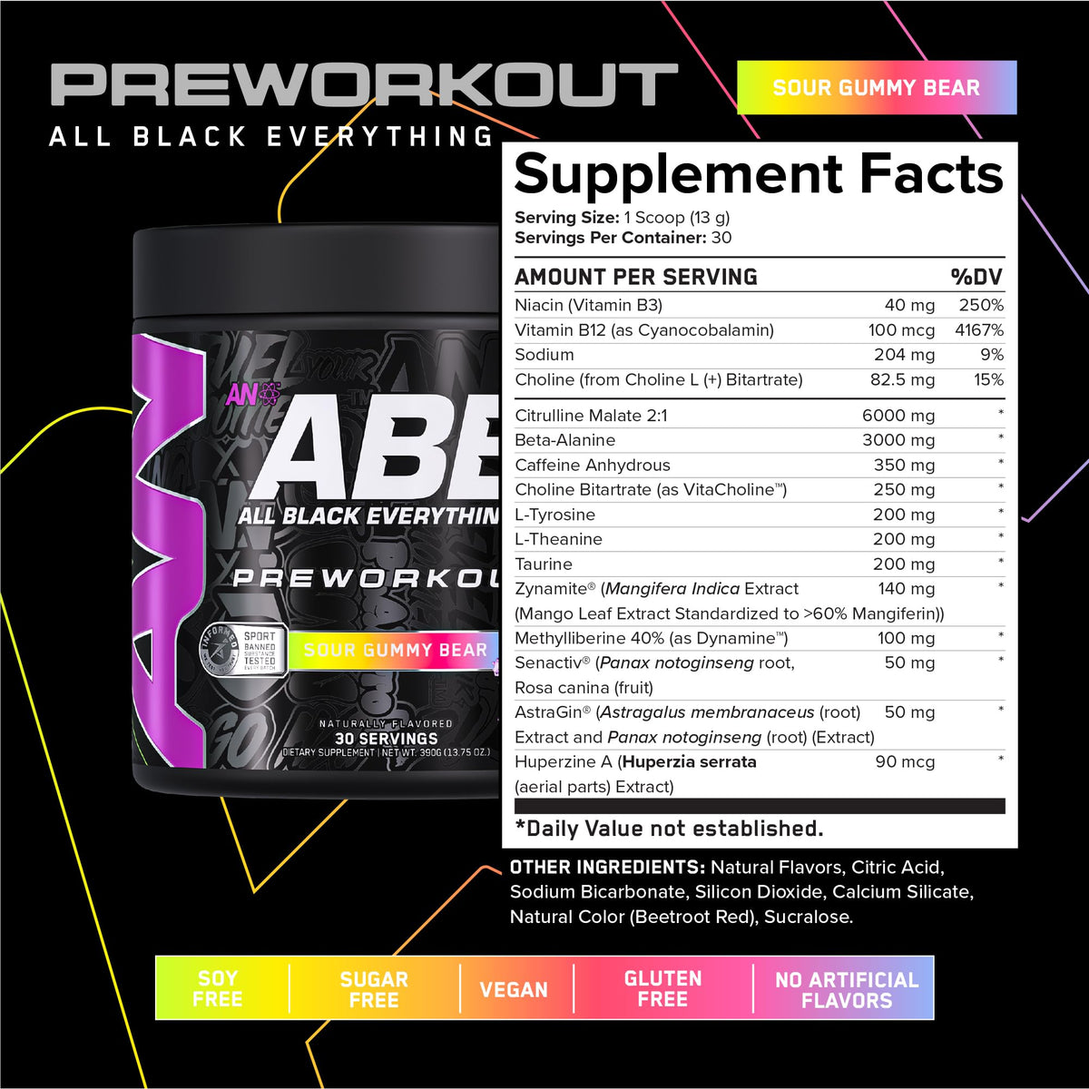 Black Pre-Workout Powder 350mg Caffeine 30 Servings E51610