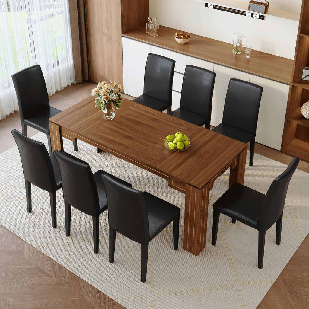 9 Piece Walnut Wood Grain Dining Table Set with 8 Black Chairs T98986