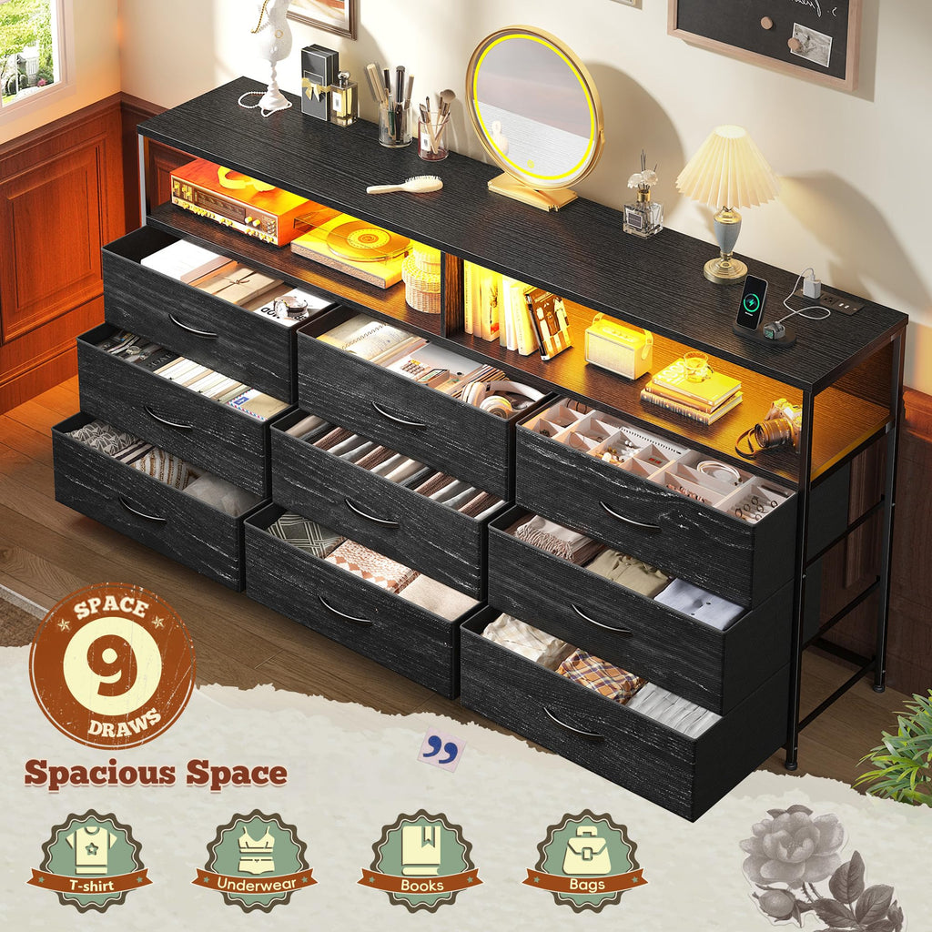 55" W 9 Drawer Dresser with LED and Power Outlets U522