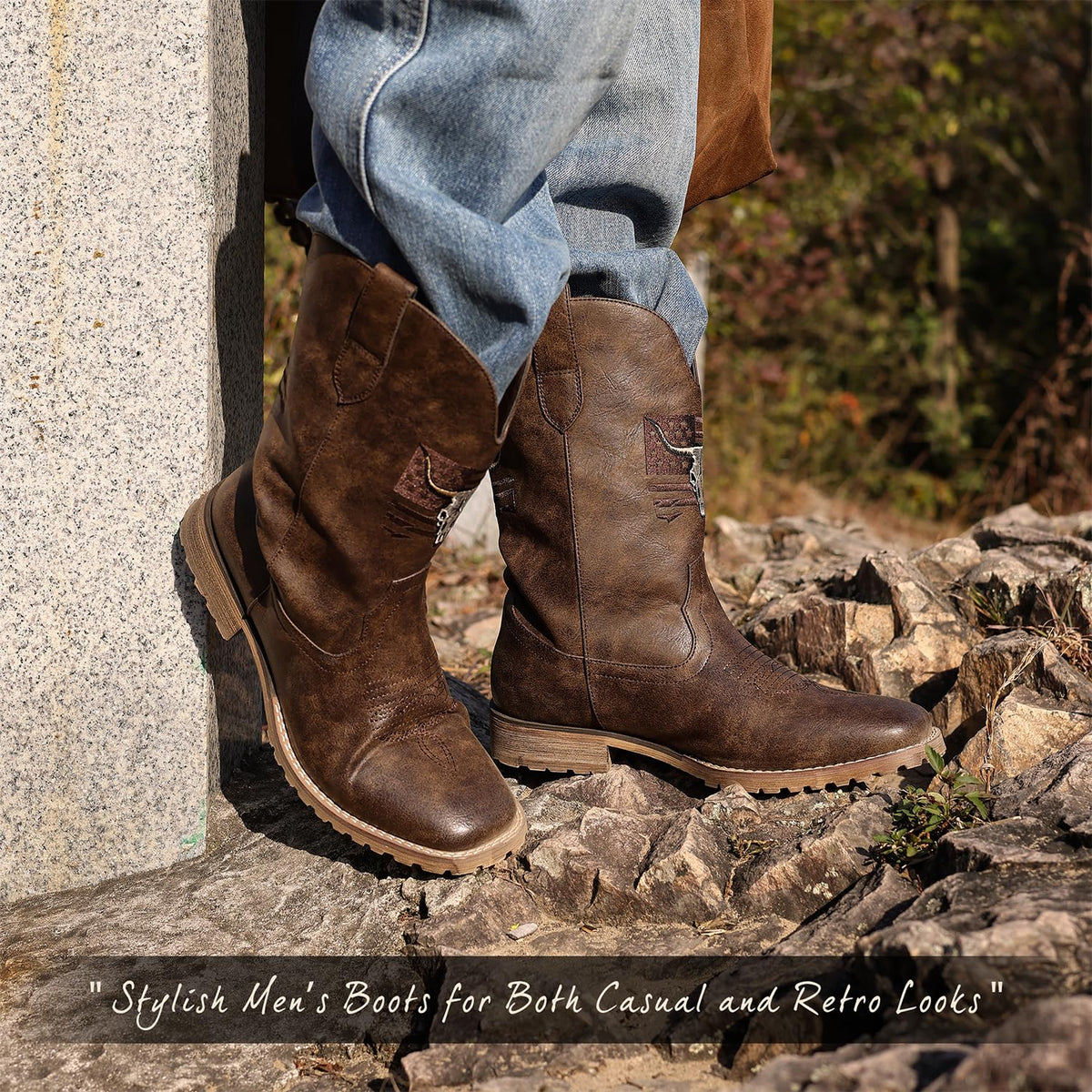 Vintage Distressed Brown Square Toe Mid-Calf Cowboy Boots Y82249