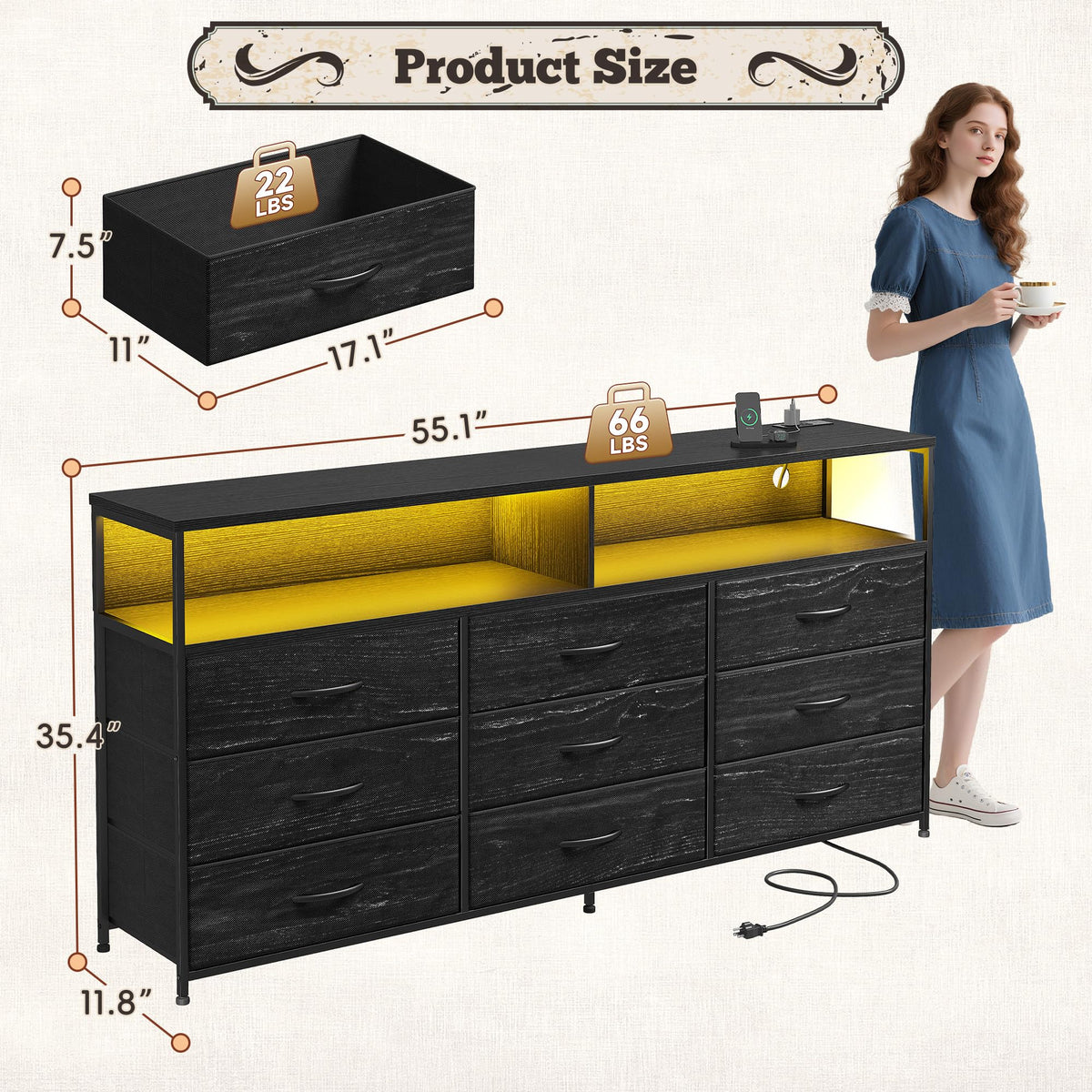 55" W 9 Drawer Dresser with LED and Power Outlets U522