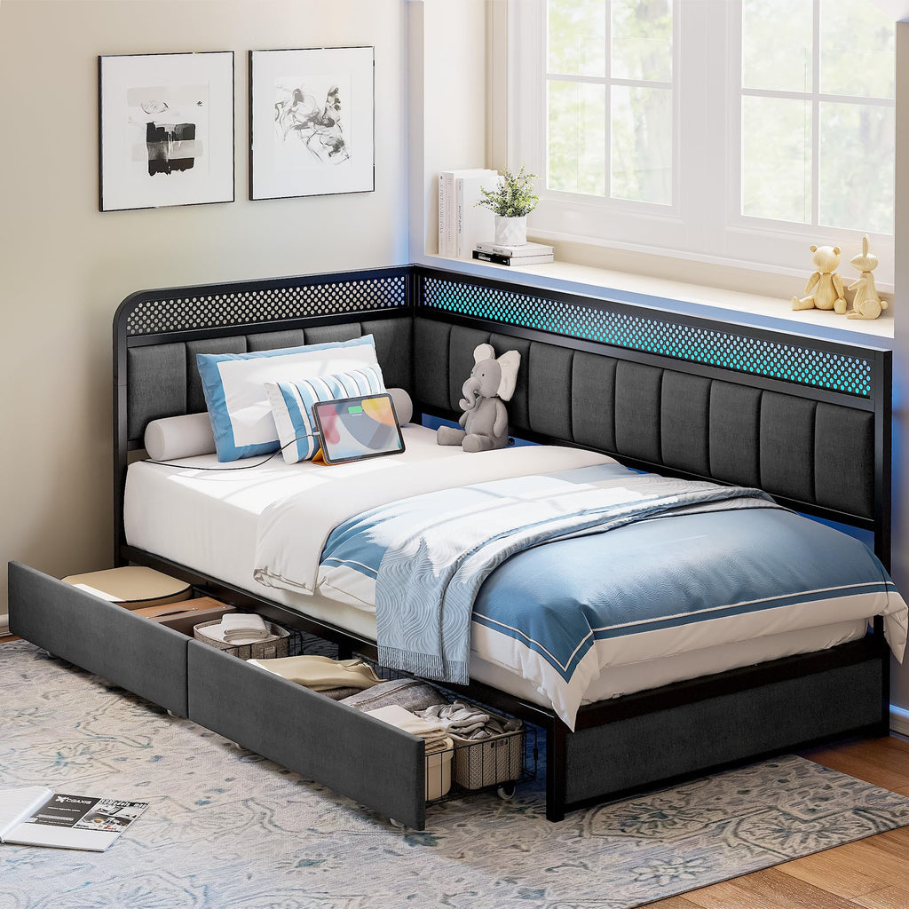 Twin Corner Bed Frame with Upholstered Guardrail S5067