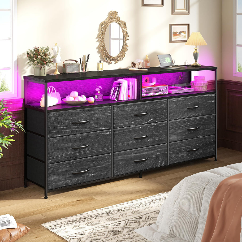 55" W 9 Drawer Dresser with LED and Power Outlets U522