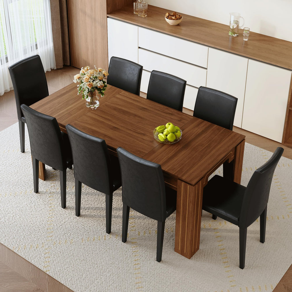 9 Piece Walnut Wood Grain Dining Table Set with 8 Black Chairs T98986