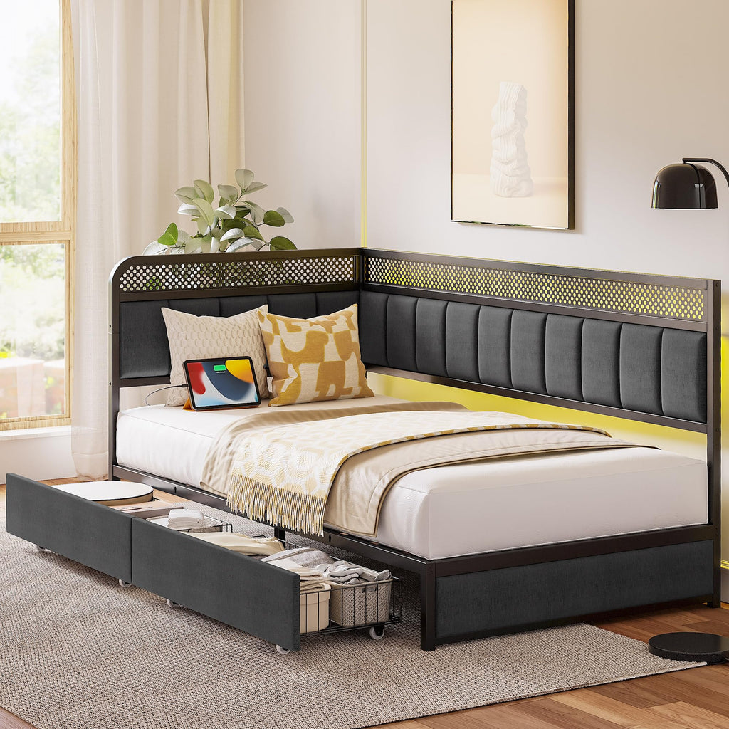 Twin Corner Bed Frame with Upholstered Guardrail S5067