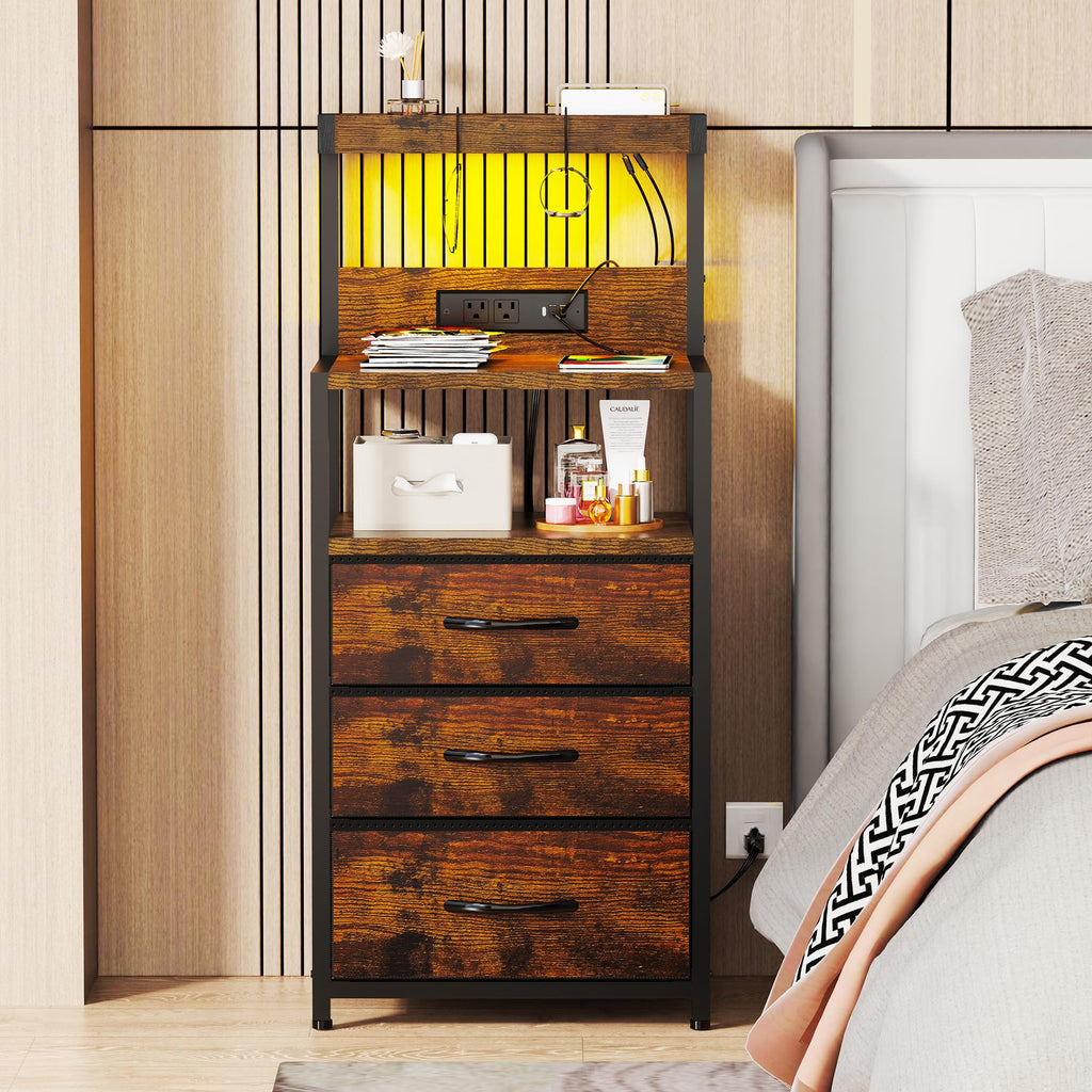 Nightstand with Charging Station, 3 Fabric Drawers H99459